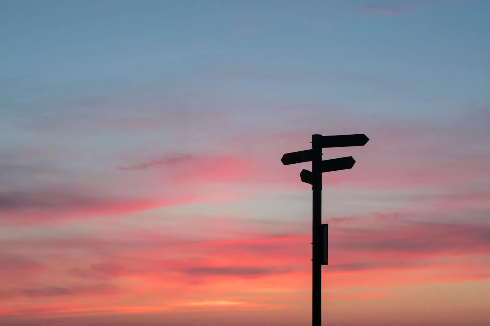 Sunset with signs in the foreground, signifying different directions in the future.